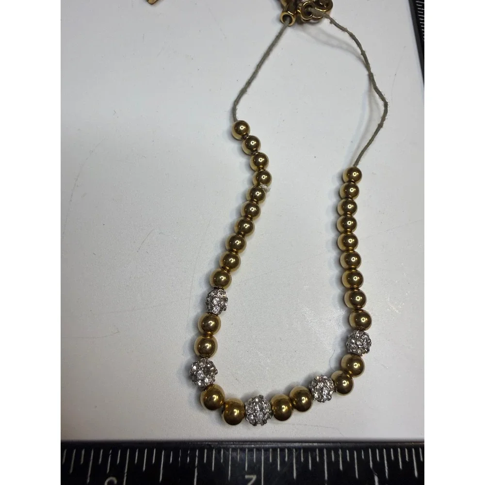Michael Kors Gold Tone Pave Crystal Bead Adjustable Slider Bracelet MK Logo